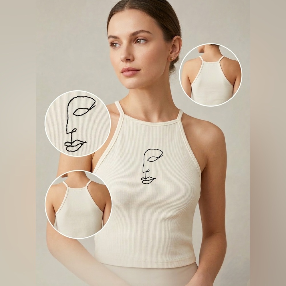 Cotton Blend Line Art Embroidered Tank
